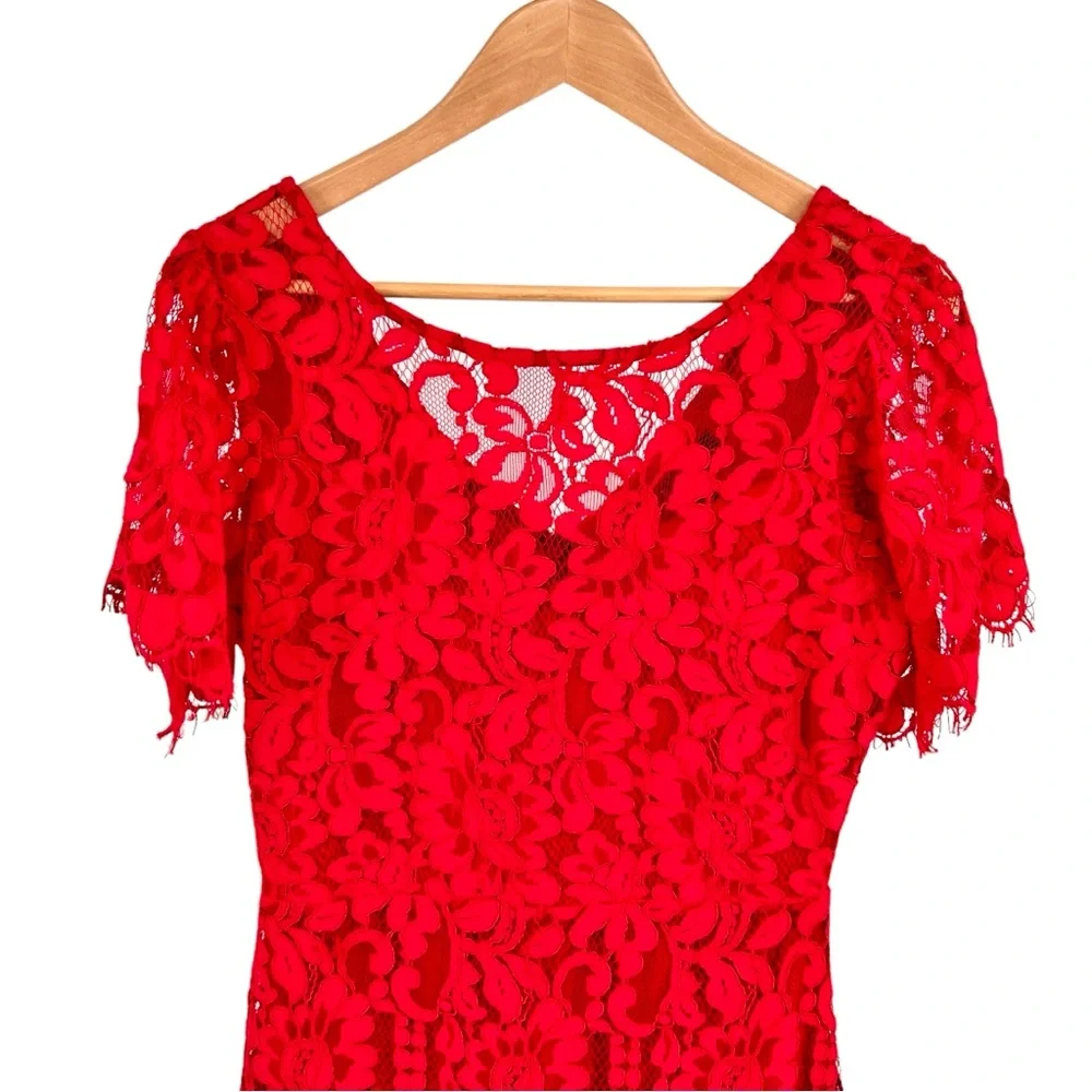 Lulus Pearson Red Lace Dress Sz M Eyelet Lace Flutter Short Dress Sleeve V Back